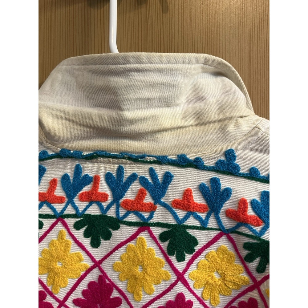 Anu Embroidered Cotton Jacket Womens Small White Multi Floral Boho Open Front - Picture 7 of 12
